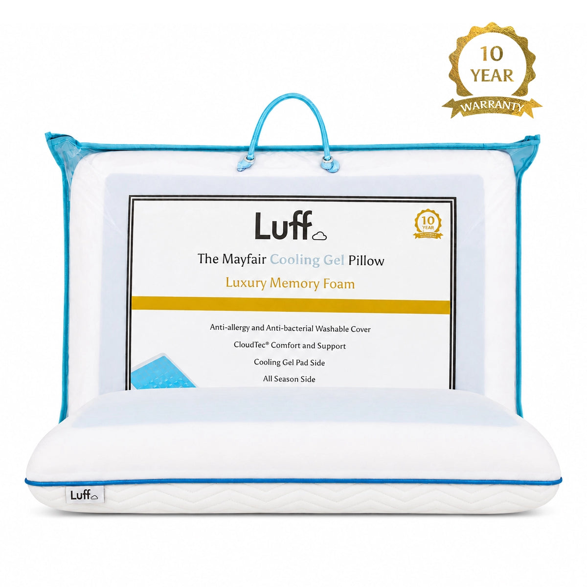 Luff Mayfair Cooling Gel Pillow - anti-allergy and antibacterial, deeper cooler sleep. 10 year warranty.