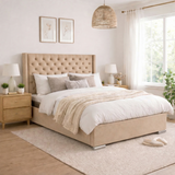 The Majestic Wingback Ottoman Bed Base, Gas List Open - Luff Sleep (Plush Beige) #colour_plush-beige