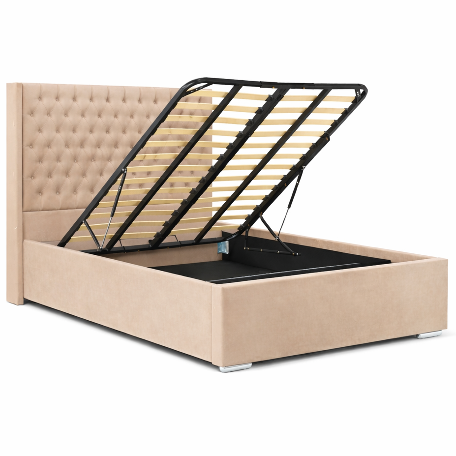 The Majestic Wingback Ottoman Bed Base, Gas List Open - Luff Sleep (Plush Beige) #colour_plush-beige
