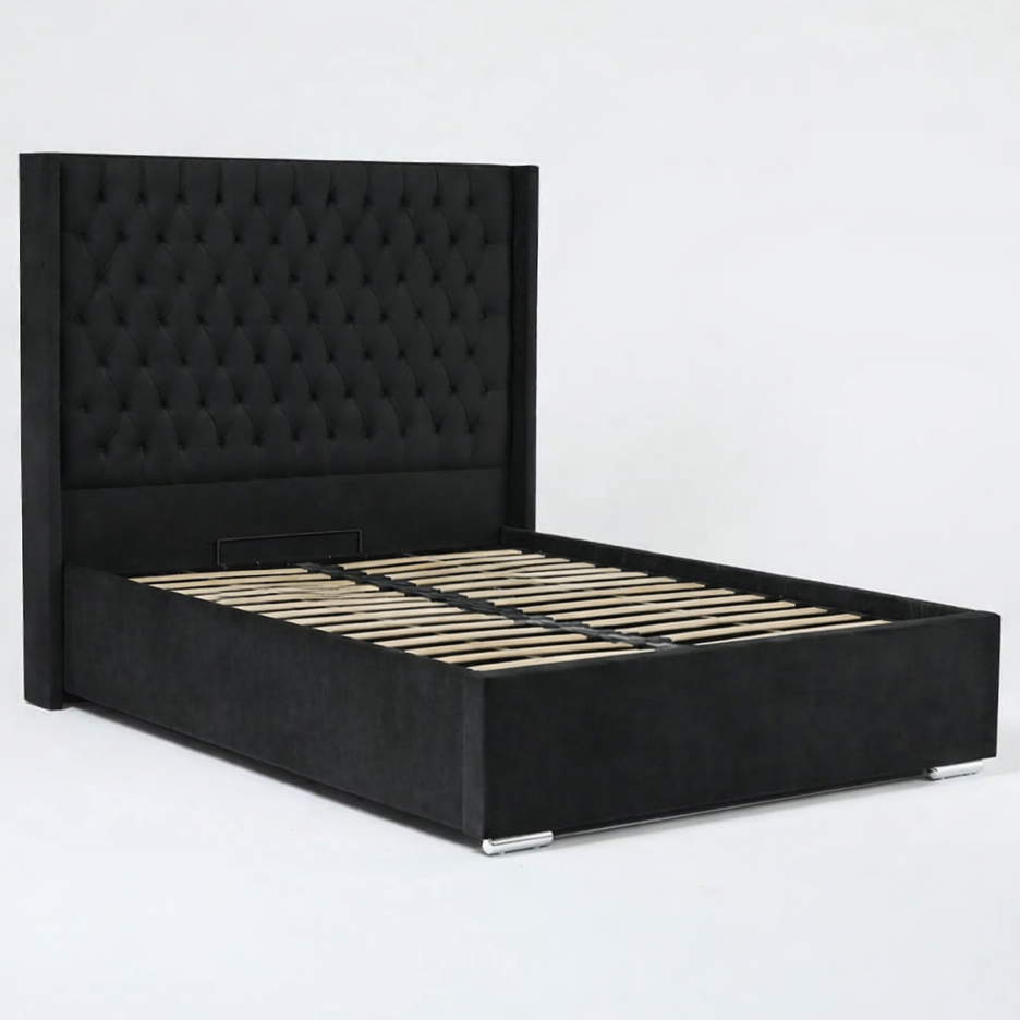 The Majestic Wingback Ottoman Bed Base, Gas List Open - Luff Sleep (Plush Black) #colour_plush-black