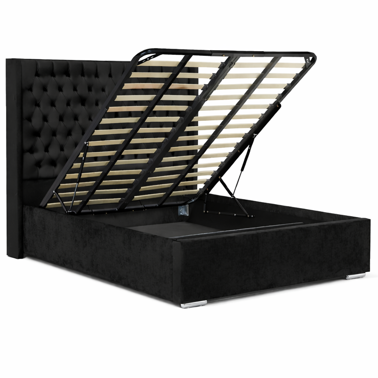 The Majestic Wingback Ottoman Bed Base, Gas List Open - Luff Sleep (Plush Black) #colour_plush-black