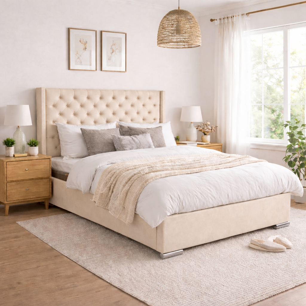 The Majestic Wingback Ottoman Bed Base, Gas List Open - Luff Sleep (Plush Cream) #colour_plush-cream