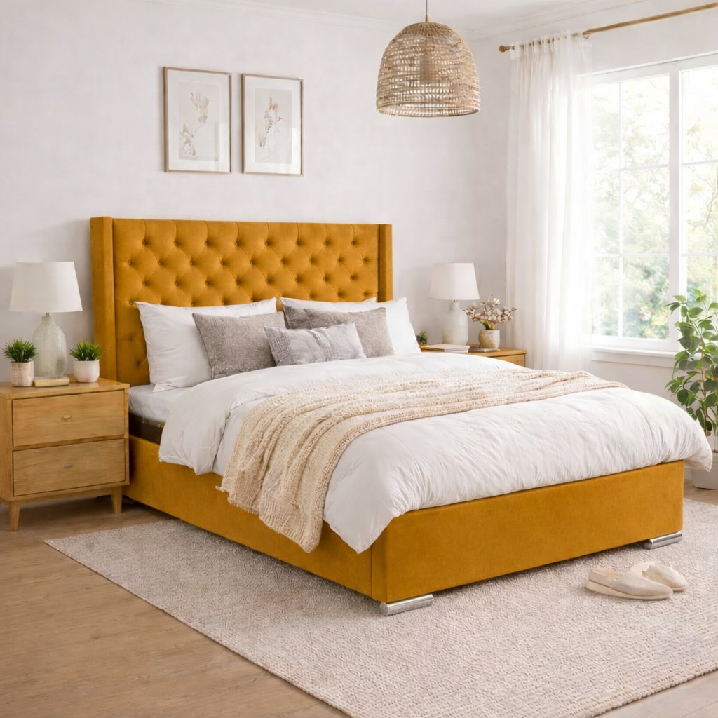 The Majestic Wingback Ottoman Bed Base, Gas List Open - Luff Sleep (Plush Mustard Gold) #colour_plush-mustard-gold