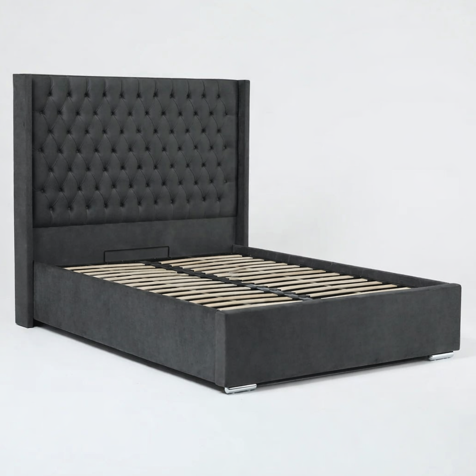 The Majestic Wingback Ottoman Bed Base, Gas List Open - Luff Sleep (Plush Steel) #colour_plush-steel